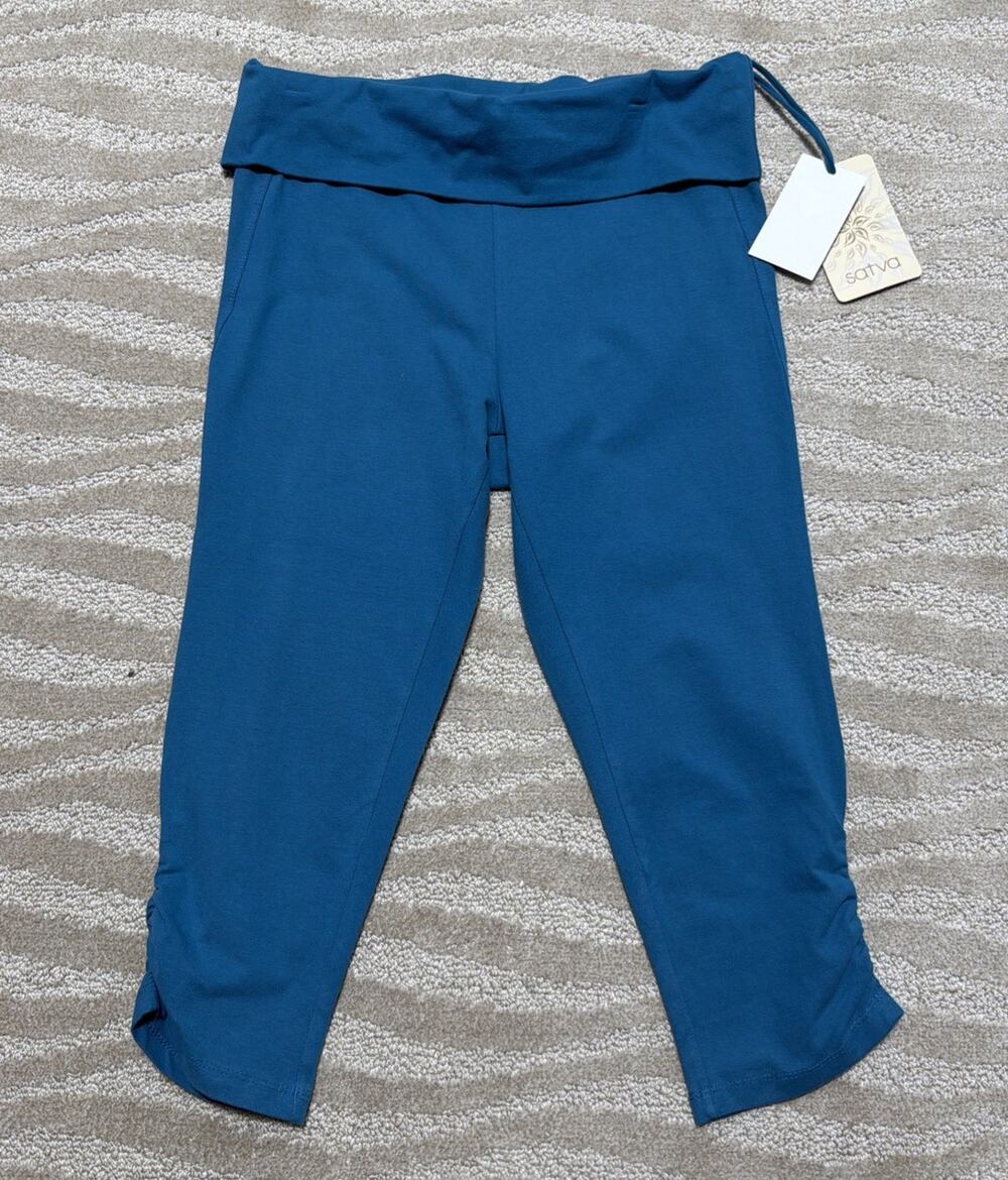 Satva High Rise Yoga Pants Women's L Blue Athletic Wear Stretch NWT Organic Cott